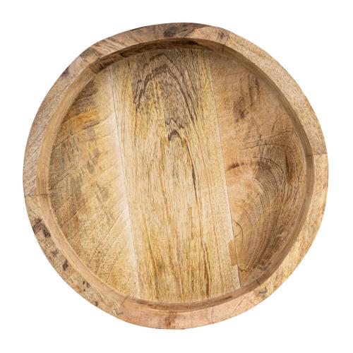 A 30cm Round mango wood serving tray displayed with decorative items, underlining its rich colour and unique texture.