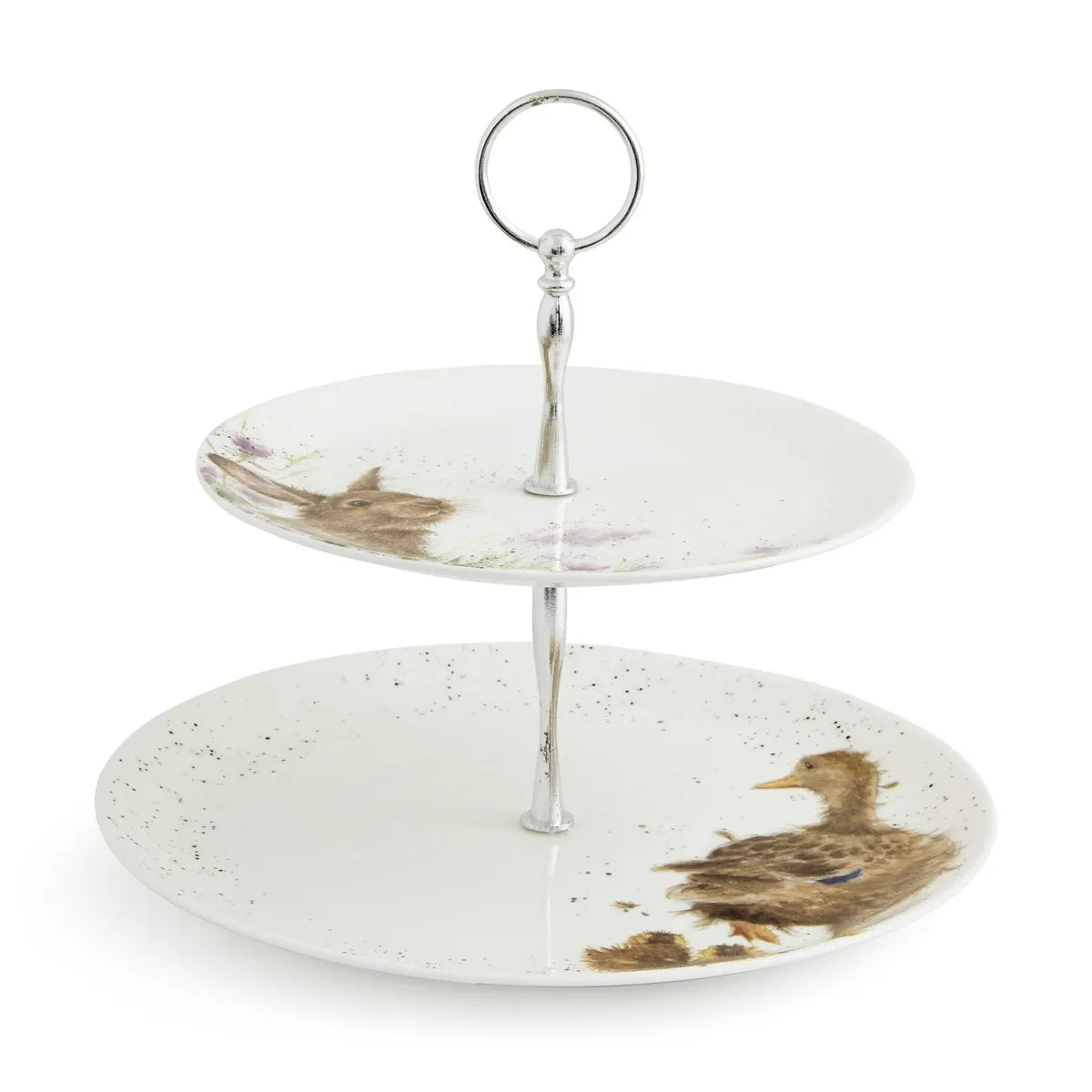 Charming close-up of the Royal Worcester Wrendale Designs two-tier cake stand showcasing colourful animal illustrations.