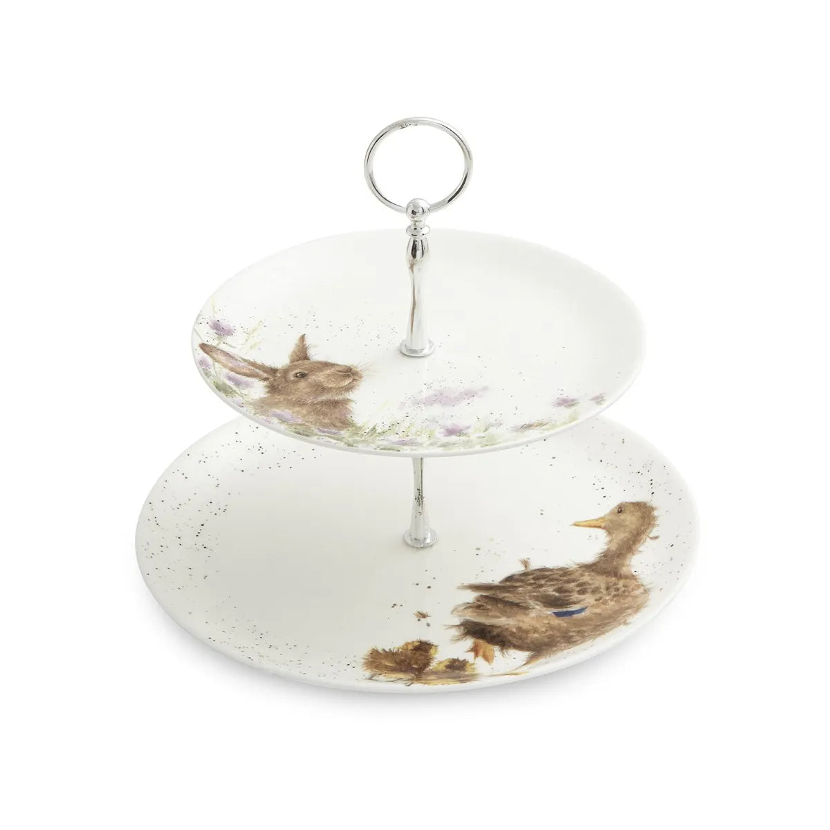 Stylish Royal Worcester Wrendale Designs two-tier cake stand elegantly displaying delightful pastries during afternoon tea.