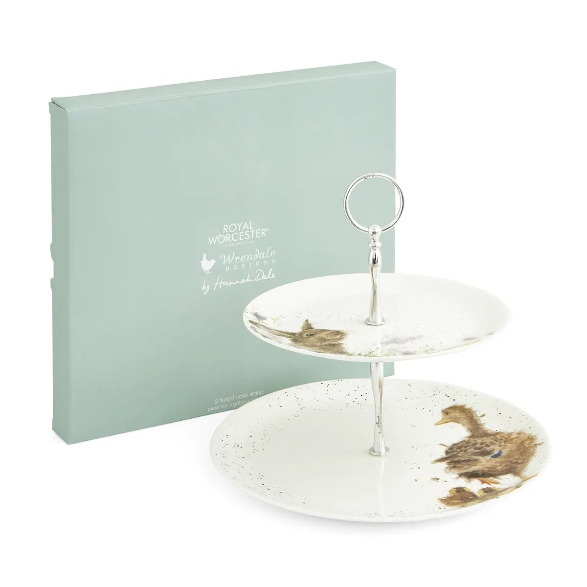 Royal Worcester Wrendale Designs two-tier cake stand featuring a charming mother duck with ducklings and a cute bunny among purple clover.