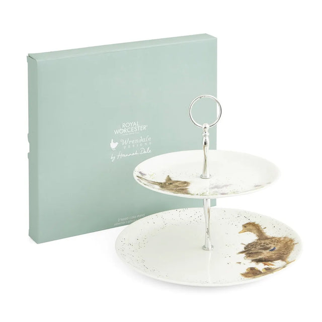 Royal Worcester Wrendale Designs two-tier cake stand featuring a charming mother duck with ducklings and a cute bunny among purple clover.