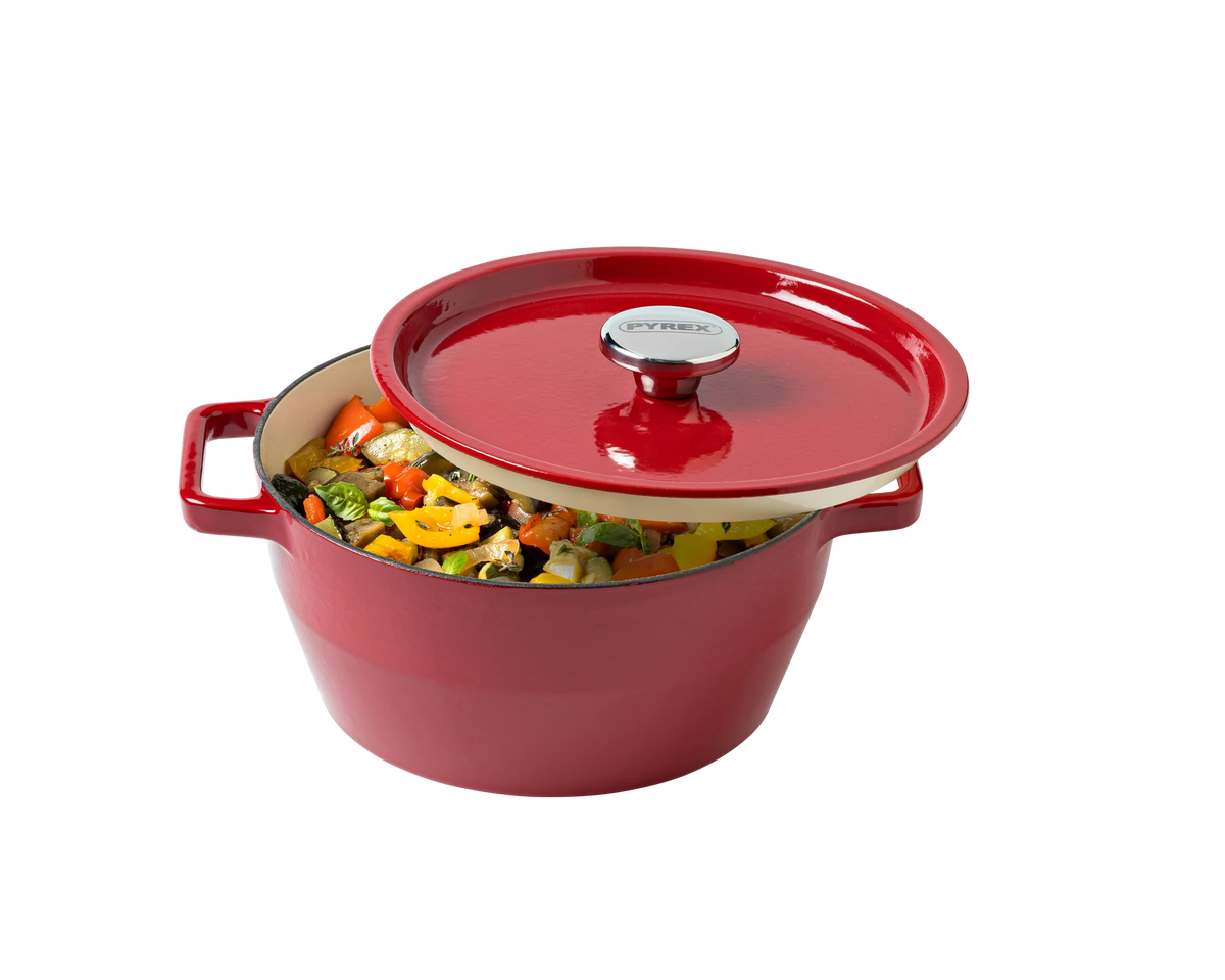Pyrex SlowCook Red Round Cast Iron Casserole Dish 24cm - Currently on Order - Orders will be delivered from the 15/10/2026.