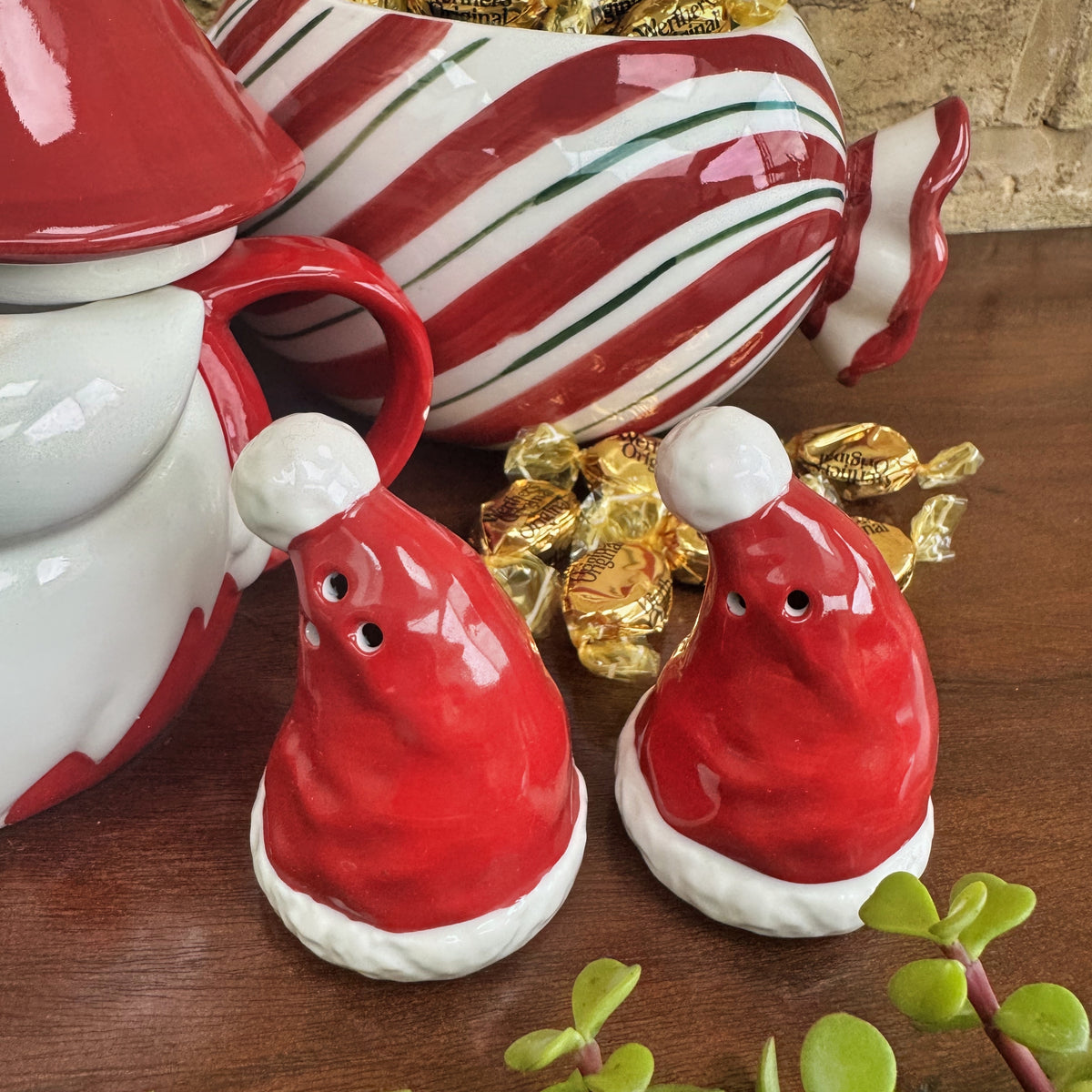 Santa Hat Salt and Pepper Pots Set, Red and White Ceramic