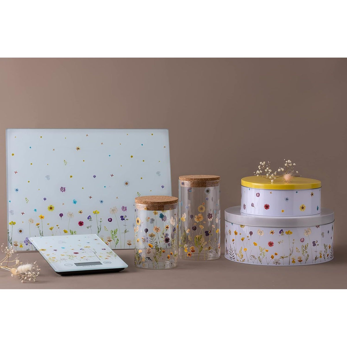 Comprehensive view of Typhoon Botanics Set of 2 Cake Tins with matching storage jars, highlighting their functionality as cake storage tins.