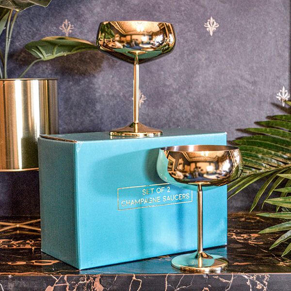 Set of 2 Gold Champagne Saucers in Art Deco Gift Box - Home Deco London