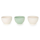 Home Deco London Ceramic Nibble Bowls, Embossed Pattern, Set of 3 in cream and mint green, perfect for serving snacks and dips.