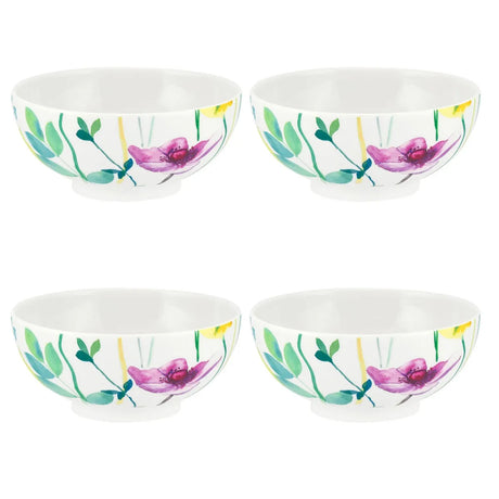 Portmeirion Water Garden Cereal Bowl Set of 4 Porcelain Bowls featuring a vibrant floral design, perfect for everyday dining. Ideal as water garden cereal bowls.