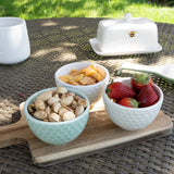 Set of 3 Ceramic Nibble Bowls with Embossed Patterns in Cream and Mint Green