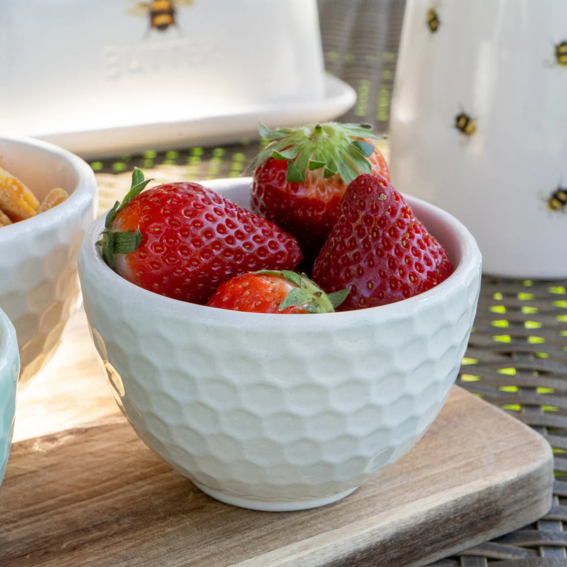 Set of 3 Ceramic Nibble Bowls with Embossed Patterns in Cream and Mint Green
