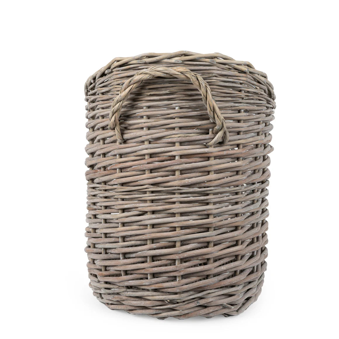 A chic oval scoop log basket in natural tones, perfect for both indoor and outdoor use, featuring the ideal wicker log basket for home enthusiasts.