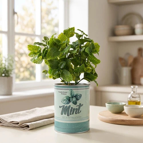 Small Artificial Plant Faux Mint in Tin Pot
