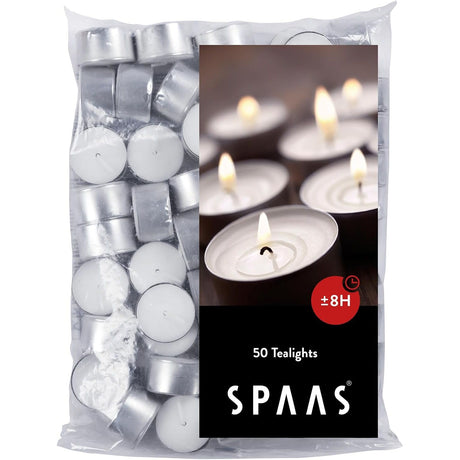 Spaas Tealights Bag x50 - Enjoy long burning tealights with a burn time of 8 hours for cosy evenings.