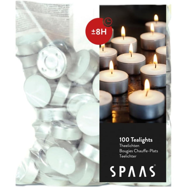 Spaas Tealights Bag x100, ± 8 Hours, White - quality tealight candles for a warm, cozy ambiance.