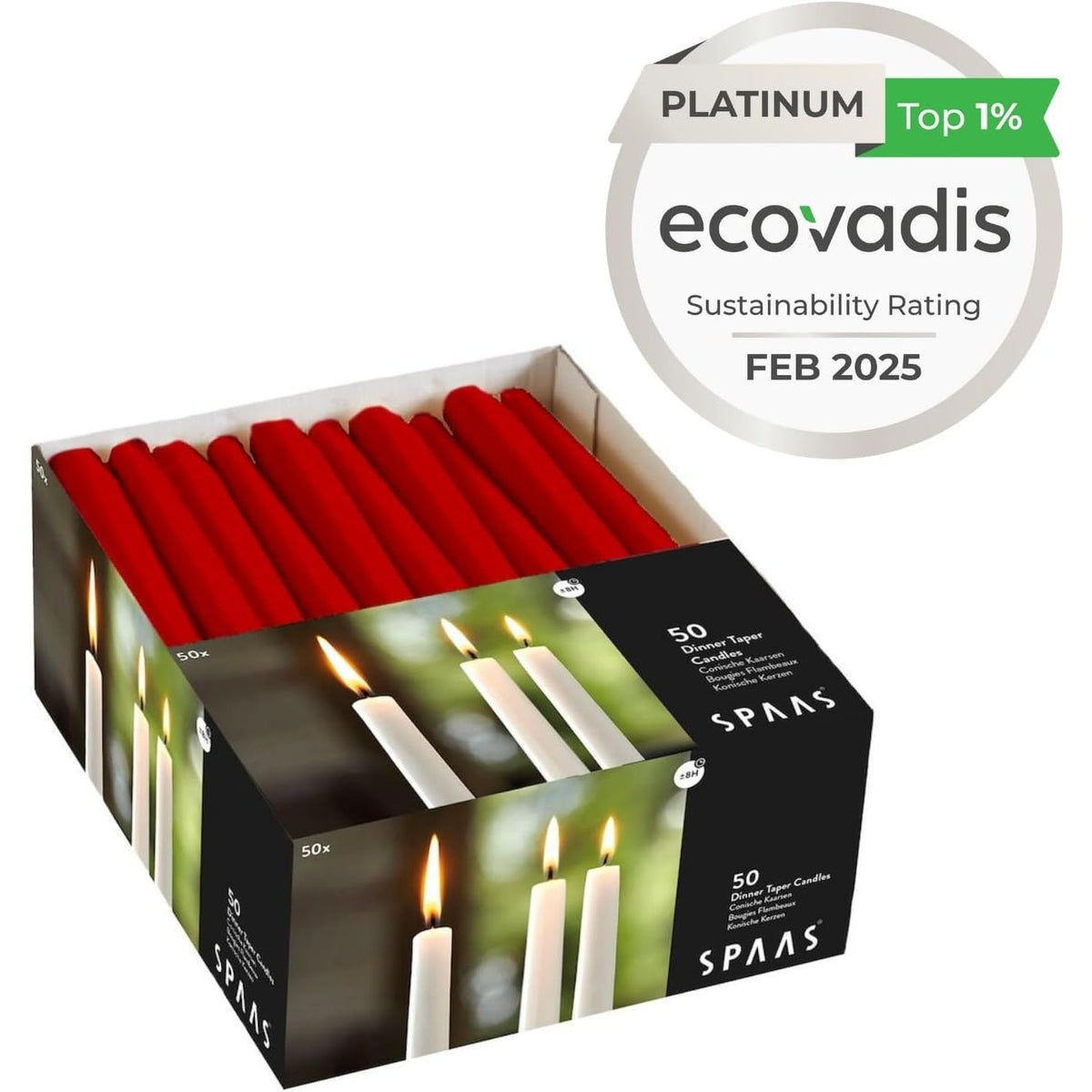 Pack of 50 Spaas Unscented Festilux Dinner Candles 23/250mm, vibrant red colour, these unscented dinner candles offer safe and long-lasting ambiance for any dining setting.