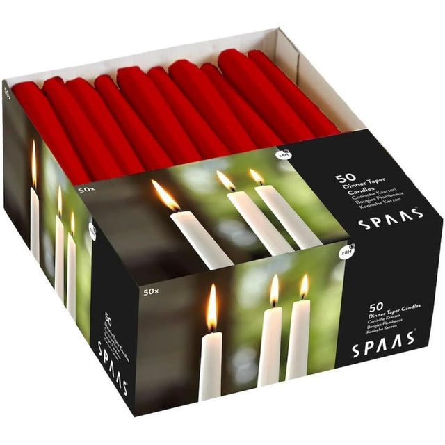 Spaas Unscented Festilux Dinner Candles 23/250mm in red, perfect for modern and cosy interiors; ideal unscented dinner candles with an 8-hour burn time.