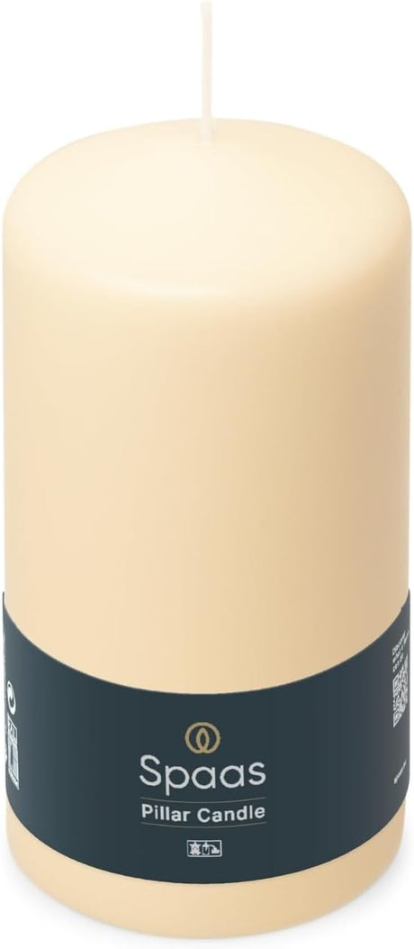 Spaas Unscented Pillar Candle 78/150 mm in ivory colour, perfect for cosy evenings with a flickering flame, known for its long burn time of 65 hours and classic design.