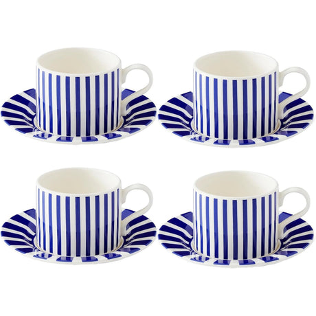 Spode Steccato Blue Striped Tea Cups and Saucer Set of 4 - Home Deco London