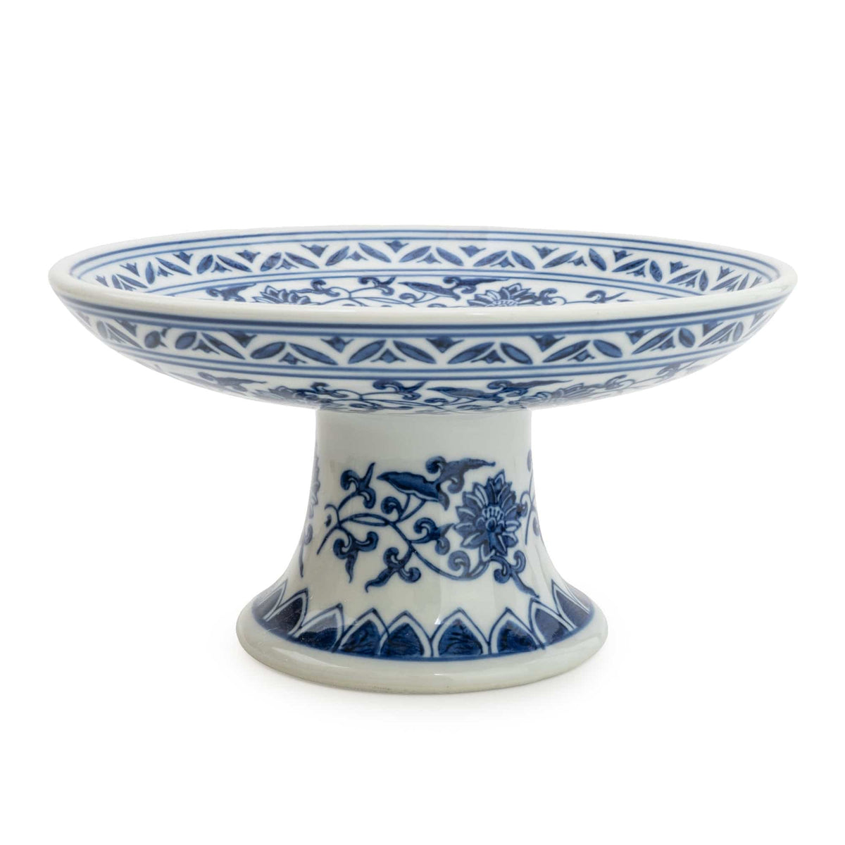 Sumatra Blue & White Cake Stand 8" Small Ceramic Cake Stand highlighting its elegant design and perfect height for dessert displays.