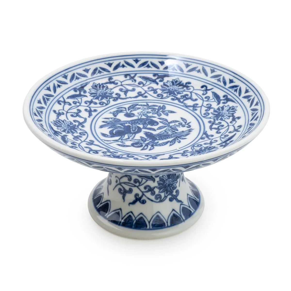 Sumatra Blue & White Cake Stand 8" Small Ceramic Cake Stand showcasing intricate blue and white floral patterns on a pedestal design.