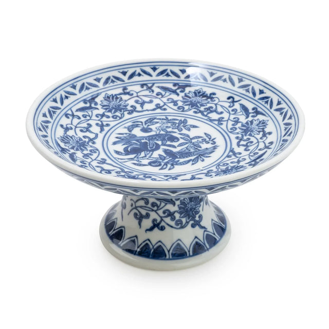 Sumatra Blue & White Cake Stand 8" Small Ceramic Cake Stand showcasing intricate blue and white floral patterns on a pedestal design.