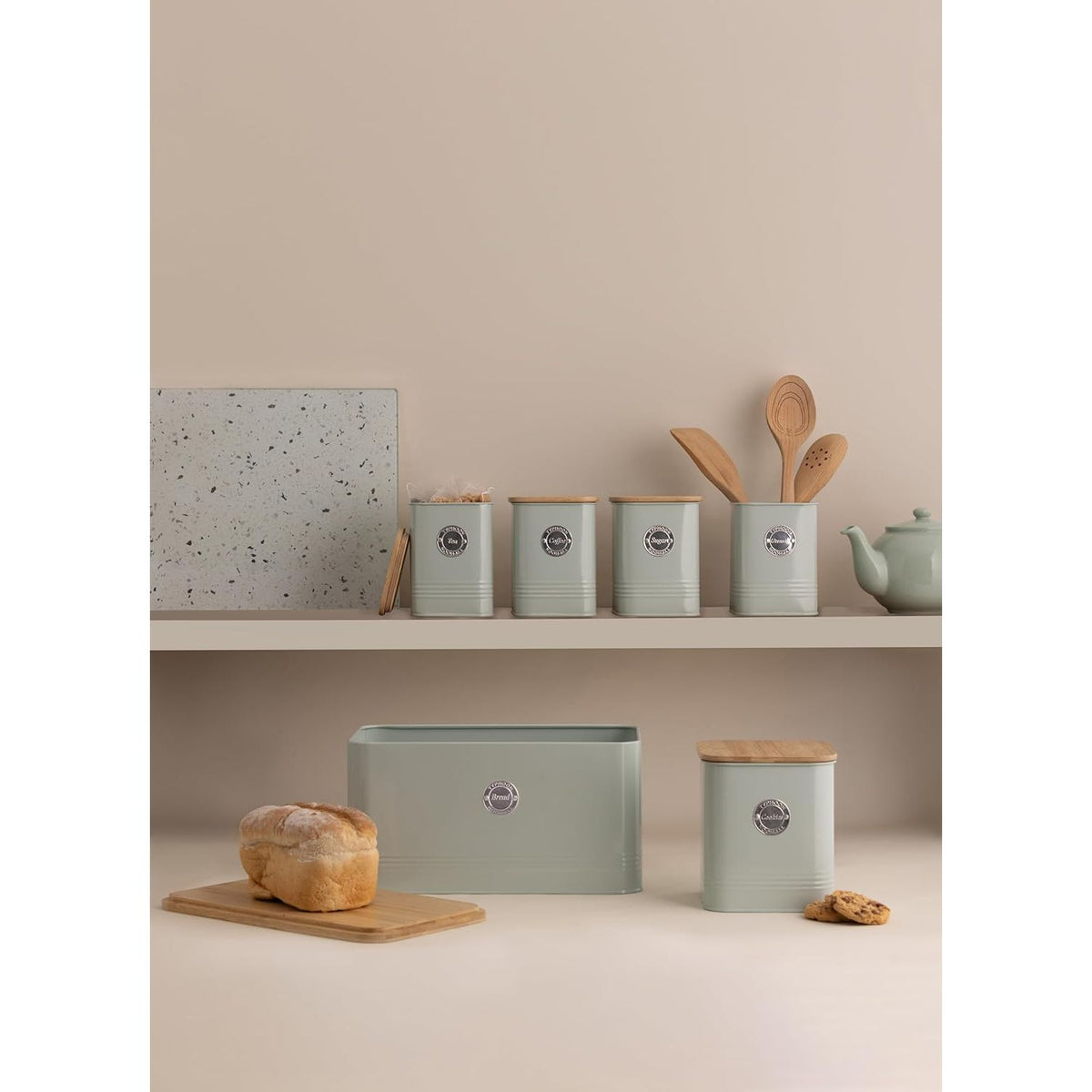 Functional Typhoon Living Squircle Mint Sugar Canister 1.3l displayed on a kitchen countertop, ideal for sugar storage.