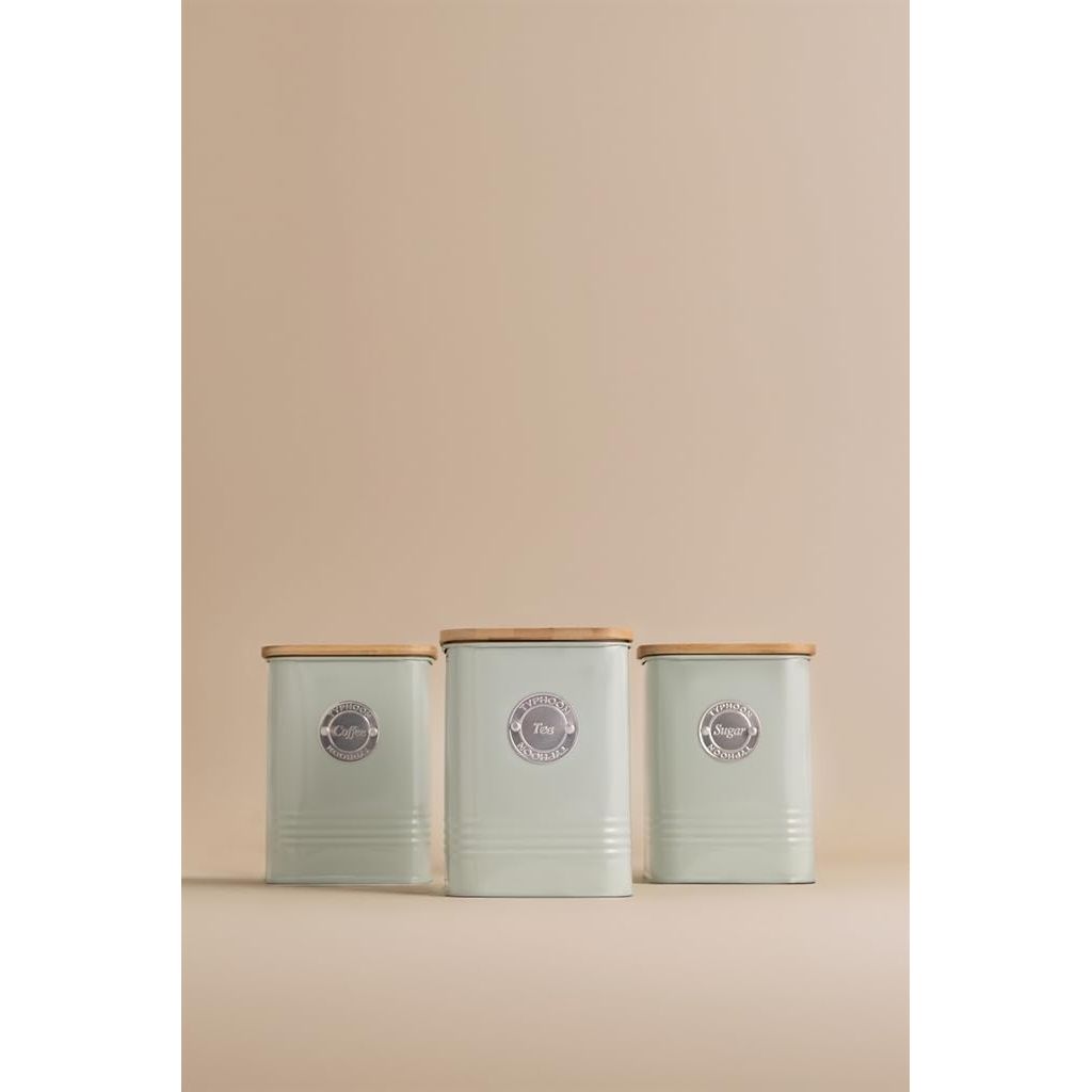 Close-up of Typhoon Living Squircle Tea Coffee Sugar Storage Set in mint green, prominently displaying the 'Coffee', 'Tea', and 'Sugar' canisters, perfect for stylish kitchen organisation.