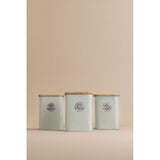 Close-up of Typhoon Living Squircle Tea Coffee Sugar Storage Set in mint green, prominently displaying the 'Coffee', 'Tea', and 'Sugar' canisters, perfect for stylish kitchen organisation.