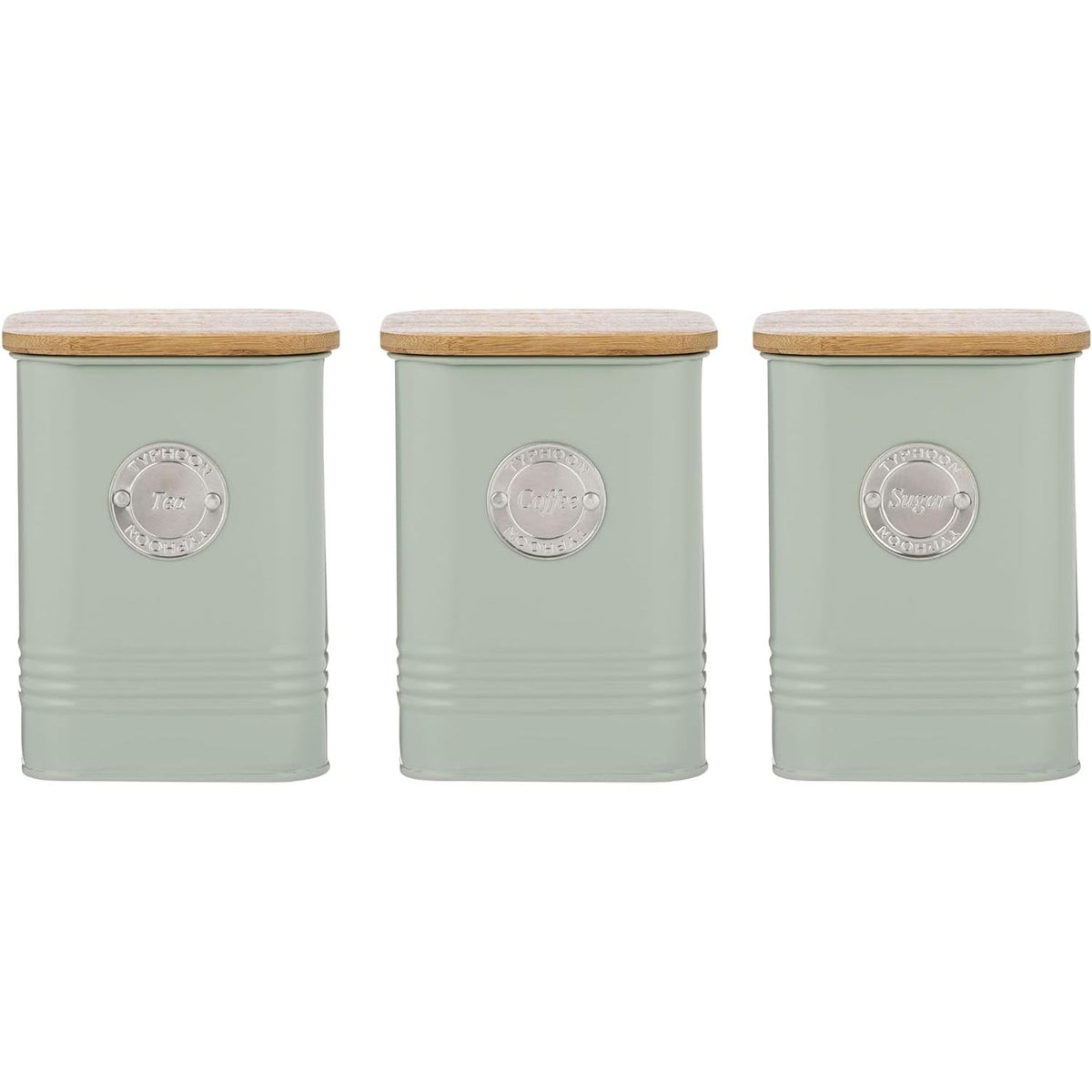 Typhoon Living Squircle Tea Coffee Sugar Storage Set in mint green, featuring canisters labeled 'Tea', 'Coffee', and 'Sugar' with bamboo lids, perfect for organising your kitchen essentials.