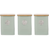 Typhoon Living Squircle Tea Coffee Sugar Storage Set in mint green, featuring canisters labeled 'Tea', 'Coffee', and 'Sugar' with bamboo lids, perfect for organising your kitchen essentials.