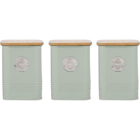 Typhoon Living Squircle Tea Coffee Sugar Storage Set in mint green, featuring canisters labeled 'Tea', 'Coffee', and 'Sugar' with bamboo lids, perfect for organising your kitchen essentials.