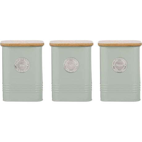 Typhoon Living Squircle Tea Coffee Sugar Storage Set in mint green, featuring canisters labeled 'Tea', 'Coffee', and 'Sugar' with bamboo lids, perfect for organising your kitchen essentials.