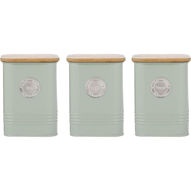 Typhoon Living Squircle Tea Coffee Sugar Storage Set in mint green, featuring canisters labeled 'Tea', 'Coffee', and 'Sugar' with bamboo lids, perfect for organising your kitchen essentials.