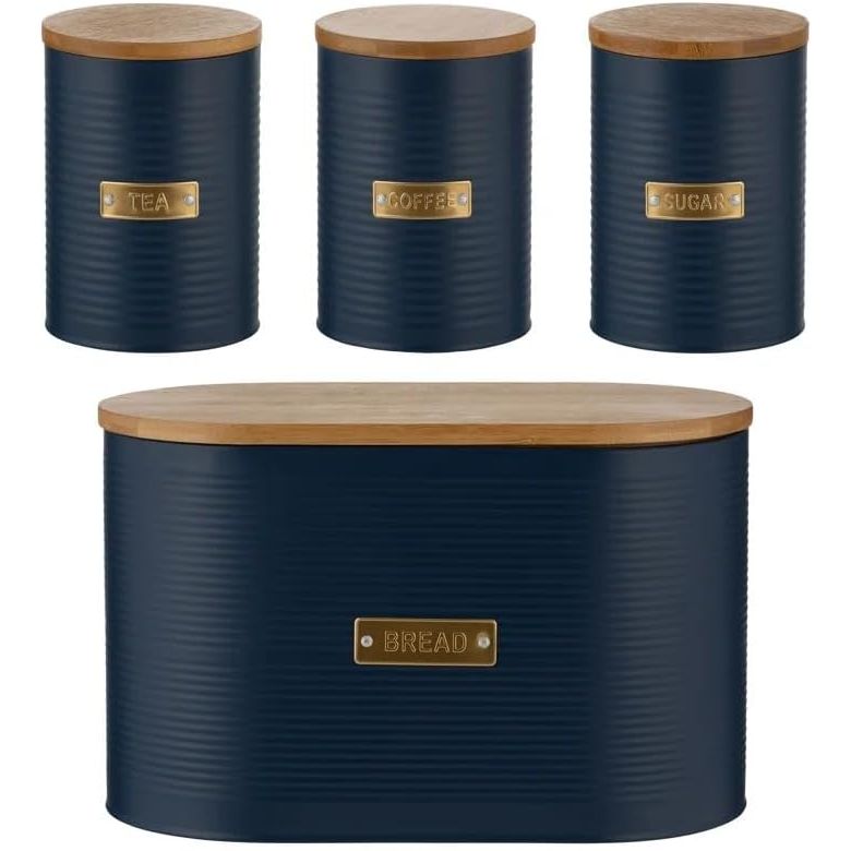Typhoon Otto Kitchen Storage Canister Set featuring a black metal design with bamboo lids, including tea, coffee, sugar containers, and a bread bin, ideal for modern kitchens.
