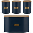 Typhoon Otto Kitchen Storage Canister Set featuring a black metal design with bamboo lids, including tea, coffee, sugar containers, and a bread bin, ideal for modern kitchens.