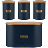 Typhoon Otto Kitchen Storage Canister Set featuring a black metal design with bamboo lids, including tea, coffee, sugar containers, and a bread bin, ideal for modern kitchens.