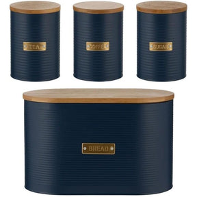 Typhoon Otto Kitchen Storage Canister Set featuring a black metal design with bamboo lids, including tea, coffee, sugar containers, and a bread bin, ideal for modern kitchens.
