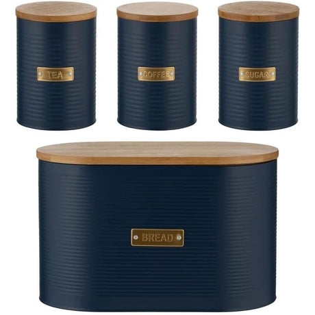 Typhoon Otto Kitchen Storage Canister Set featuring a black metal design with bamboo lids, including tea, coffee, sugar containers, and a bread bin, ideal for modern kitchens.