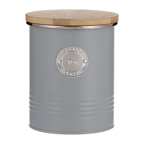 Full view of Typhoon Living metal kitchen canister set arranged in a kitchen setting, displaying their practical design for storage.