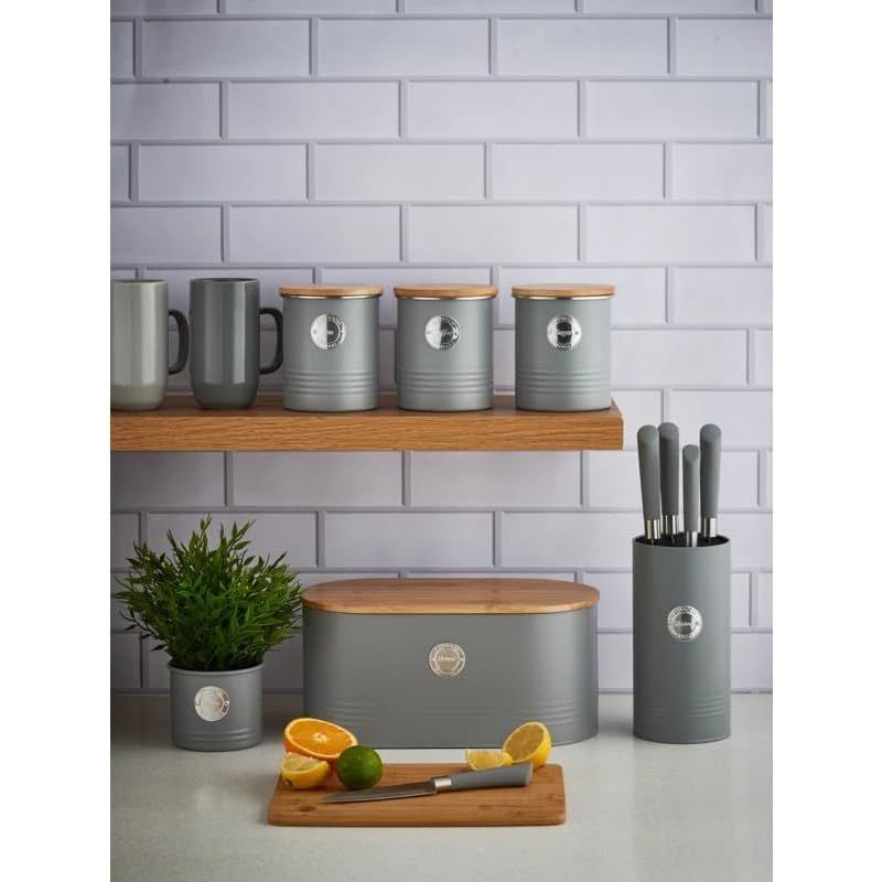 Typhoon Living metal kitchen canister set in grey with a retro-inspired look, perfect addition to any kitchen decor.