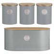Typhoon Living metal kitchen canister set includes 4 stylish storage containers with bamboo lids, perfect for tea, coffee, sugar, and bread.