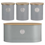 Typhoon Living metal kitchen canister set includes 4 stylish storage containers with bamboo lids, perfect for tea, coffee, sugar, and bread.
