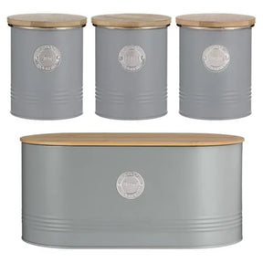 Typhoon Living metal kitchen canister set includes 4 stylish storage containers with bamboo lids, perfect for tea, coffee, sugar, and bread.