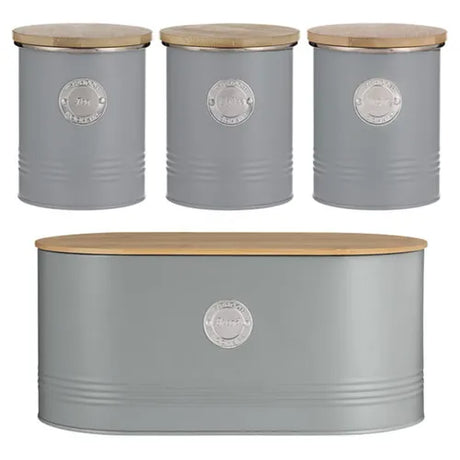 Typhoon Living metal kitchen canister set includes 4 stylish storage containers with bamboo lids, perfect for tea, coffee, sugar, and bread.