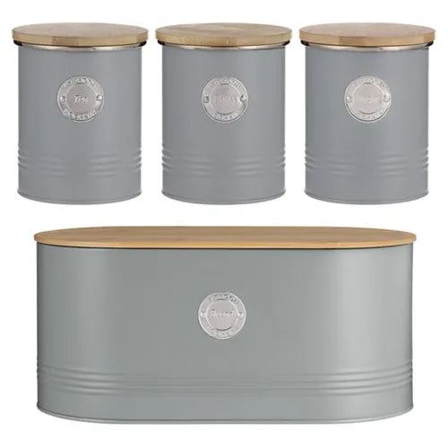 Typhoon Living metal kitchen canister set includes 4 stylish storage containers with bamboo lids, perfect for tea, coffee, sugar, and bread.