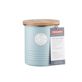 Typhoon Living Sugar Canister Blue 1 Litre with a product tag highlighting its airtight sugar storage features.