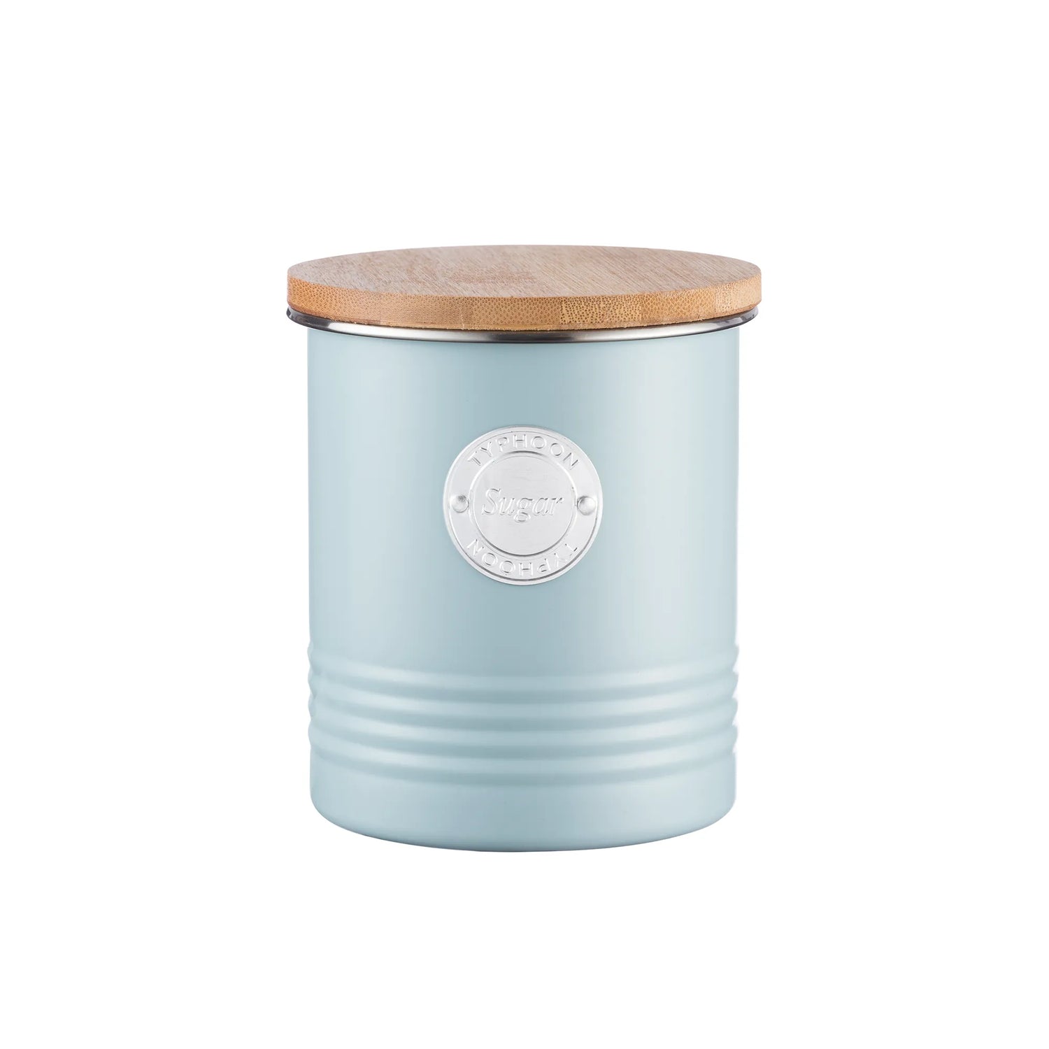 Typhoon Living Sugar Canister Blue 1 Litre featuring a bamboo lid, ideal for airtight sugar storage in the kitchen.
