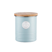 Typhoon Living Sugar Canister Blue 1 Litre featuring a bamboo lid, ideal for airtight sugar storage in the kitchen.