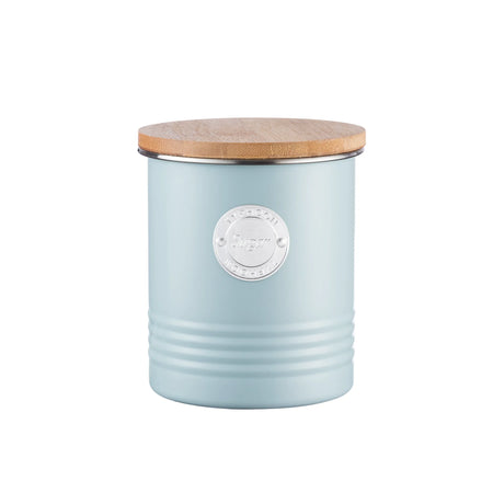 Typhoon Living Sugar Canister Blue 1 Litre featuring a bamboo lid, ideal for airtight sugar storage in the kitchen.