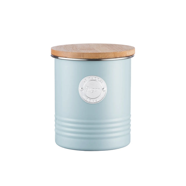 Typhoon Living Sugar Canister Blue 1 Litre featuring a bamboo lid, ideal for airtight sugar storage in the kitchen.