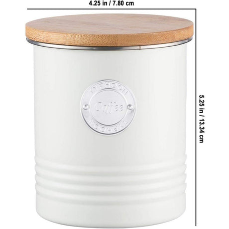 Typhoon Living Cream Tea Canister with bamboo lid, showcasing dimensions and stylish design for tea.